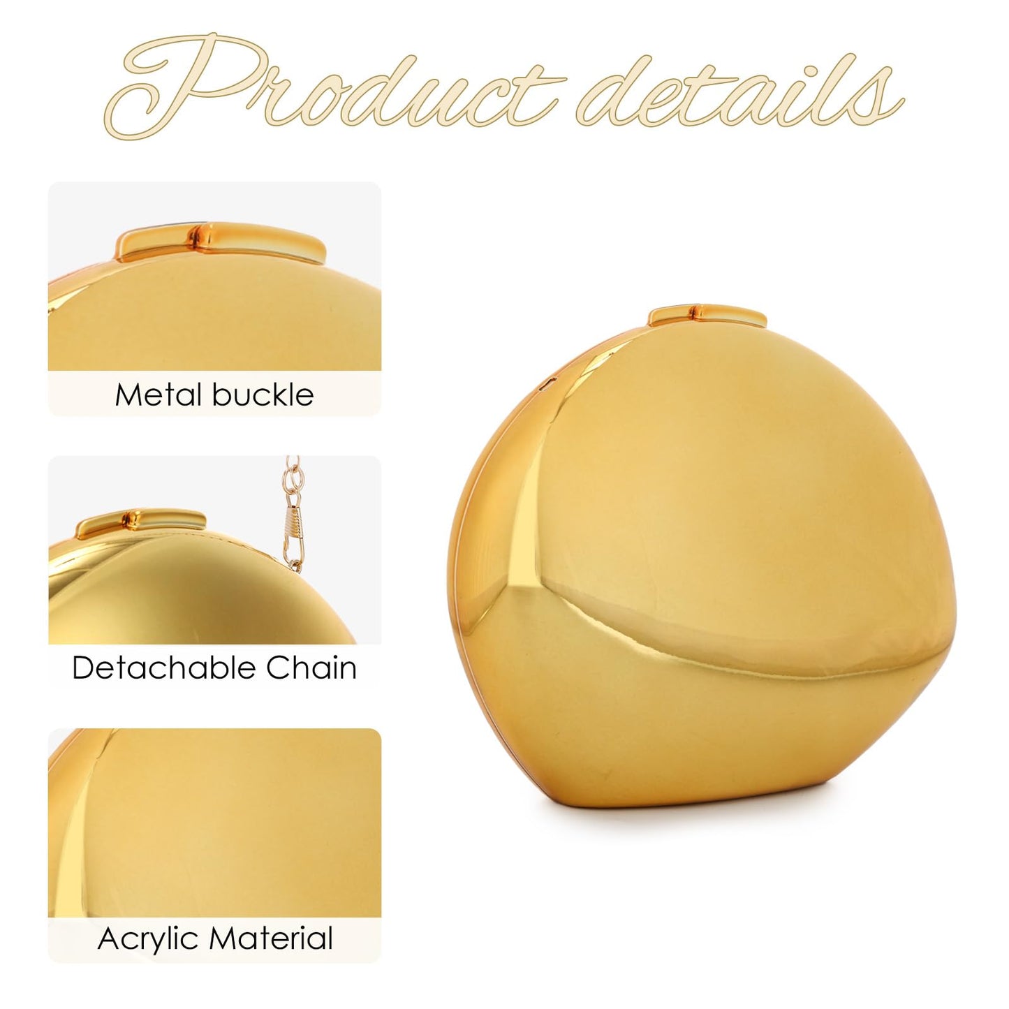 LUI SUI Women Gold Acrylic Clutch Purse Evening Bag, Pebble Glossy Metallic Shoulder Handbag, Shell Clutch for Wedding Party