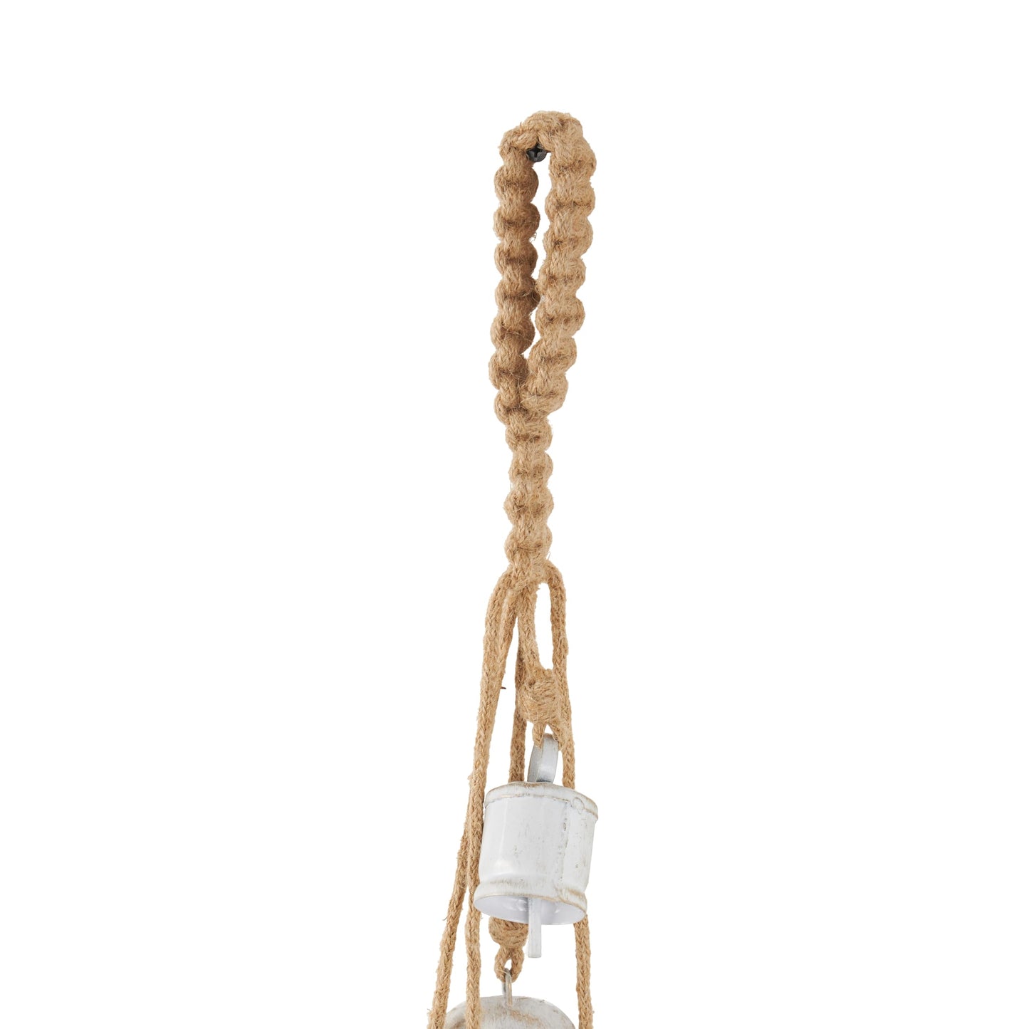 Deco 79 Metal Indoor Outdoor Decorative Bells Tibetan Inspired Cascading Meditation Bell with 5 Bells on Jute Hanging Rope, Cow Bell 3" x 3" x 28", White