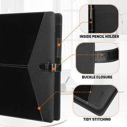 Toplive Padfolio 3 Ring Binder Organizer Business Portfolio Folder for Women, A4/ Letter Size PU Leather Professional Portfolio Padfolio for Interview Conference Presentation, Black