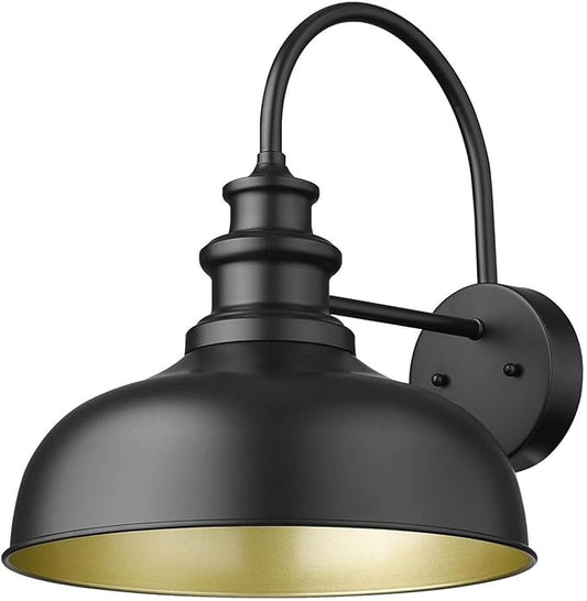 Bestshared 14 Inch Dome Gooseneck Barn Light, Farmhouse Wall Mount Light Fixture, Exterior Lighting Fixture Outdoor Sconce for Porch,Garage,Patio (Black+ Gold, 14” Dome-1Pack)