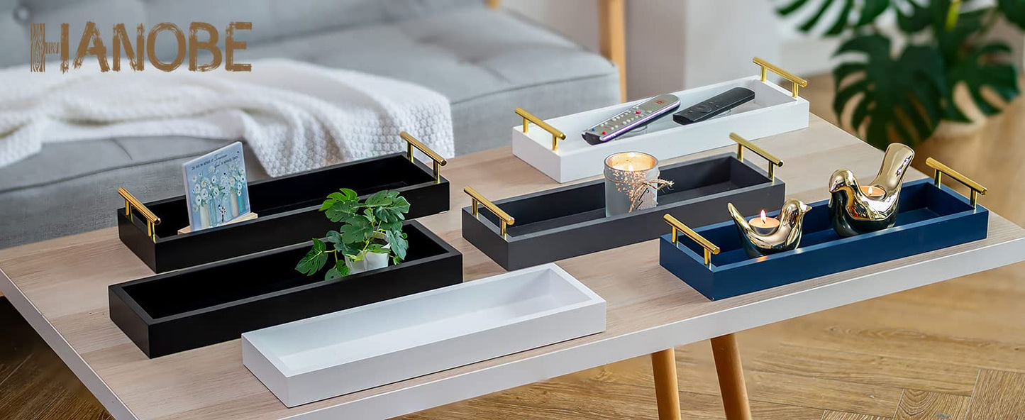 Hanobe Long Tray for Table Centerpiece: Decorative Narrow Trays Wooden Candle Holder - Centerpiece Tray with Handles for Home Decor Dining Table Coffee Bar Living Room,White