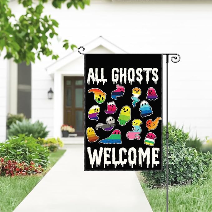 All Ghosts Welcome Garden Flag, Funny Ghost Yard Sign for Outside, LGBT Trans Pride Ally Flag, Spooky Fall Season Lawn Porch Halloween Decoration for Family Friend