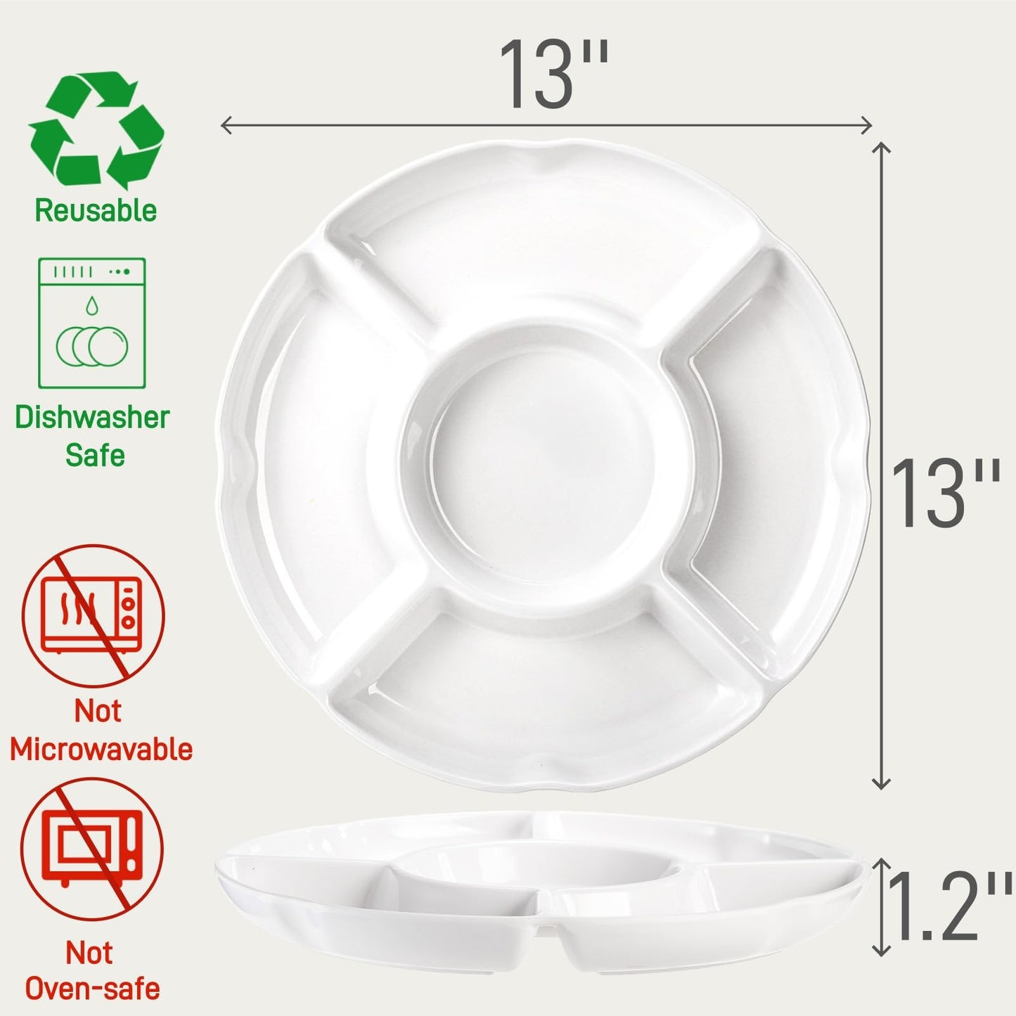 Pumtus 3 Pack Divided Serving Tray, 13 Inch Melamine Chip and Dip Platter, 5 Sectional Appetizer Veggie Plate, Party Snack Relish Tray for Serving Food, Nuts, Candy, Dried Fruit, Veggies