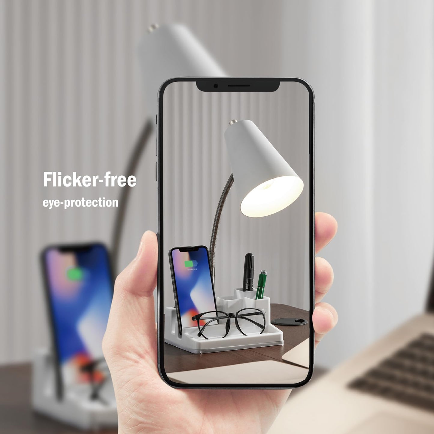 lianheng Desk Lamp Cute for Small Space, Lamp Desk with USB Port and Outlet, Desk Lamps for Home Office with Pen Holder, Study lamp for College Dorm Room, Flexible Arm, White