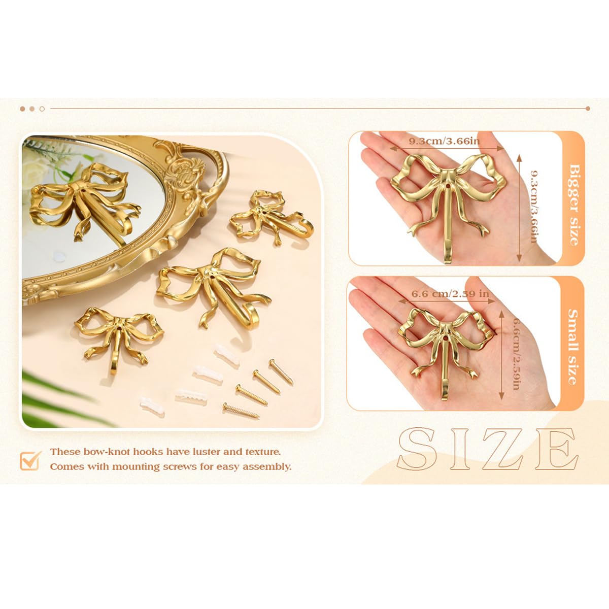 ZMHKJZDQ 2PCS Brass Bow Wall Hooks Gold Bow Wall Hooks Bow Wall Hook for Hallway Kitchen Hang Coats Keys Towels Bags Umbrellas Bathroom Living Room Kitchen Christmas Wall Decor Birthday Gift (Large)