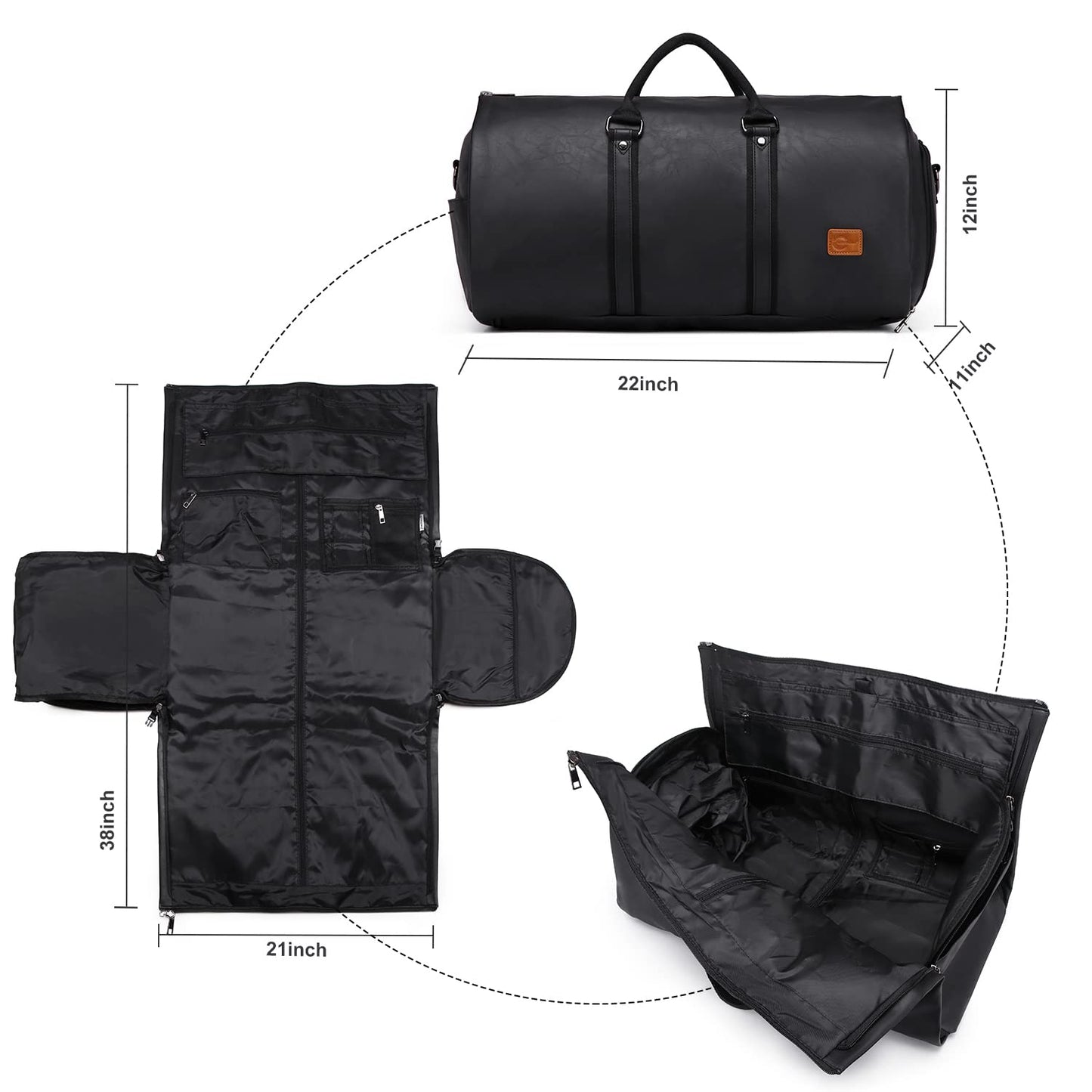 Carry On Garment Backpack, 3 in 1 Waterproof Mens Garment Bag for Travel Business, Leather Duffel Bag with Shoe Compartment -Black