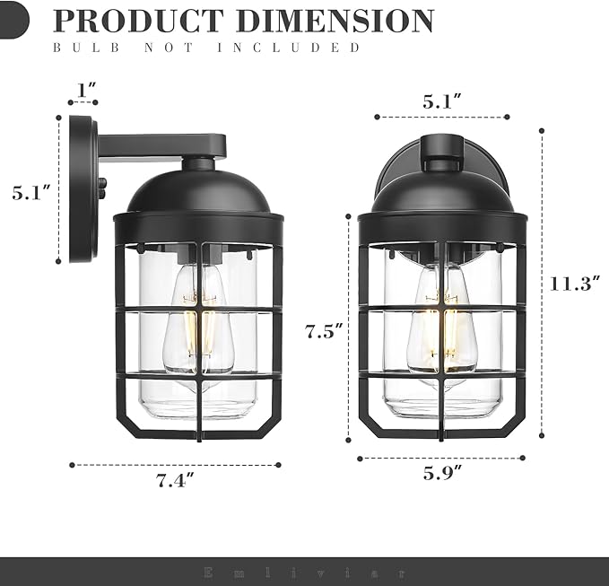 Emliviar 1-Light Outdoor Wall Sconce, Metal Cage Industrial Exterior Wall Light Fixture, Clear Tempered Glass with Black Finish, GE255BL BK