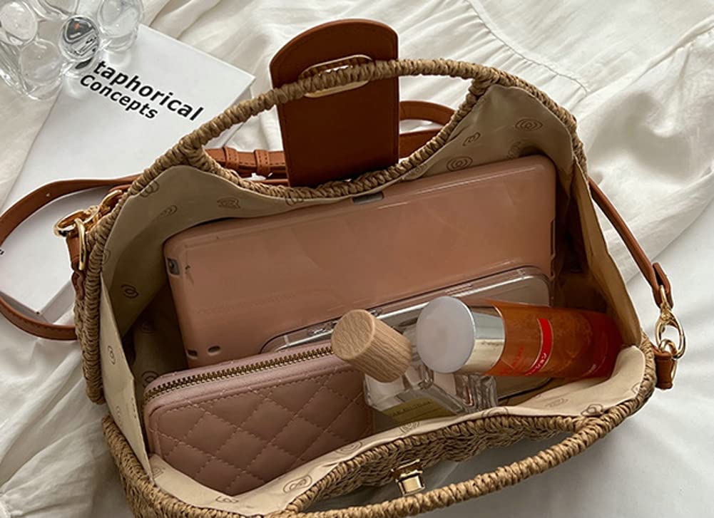 Summer Straw Bag for Women Straw Hand-woven Top-handle Handbag Crossbody Tote Clutch Bags for Travel Khaki Medium