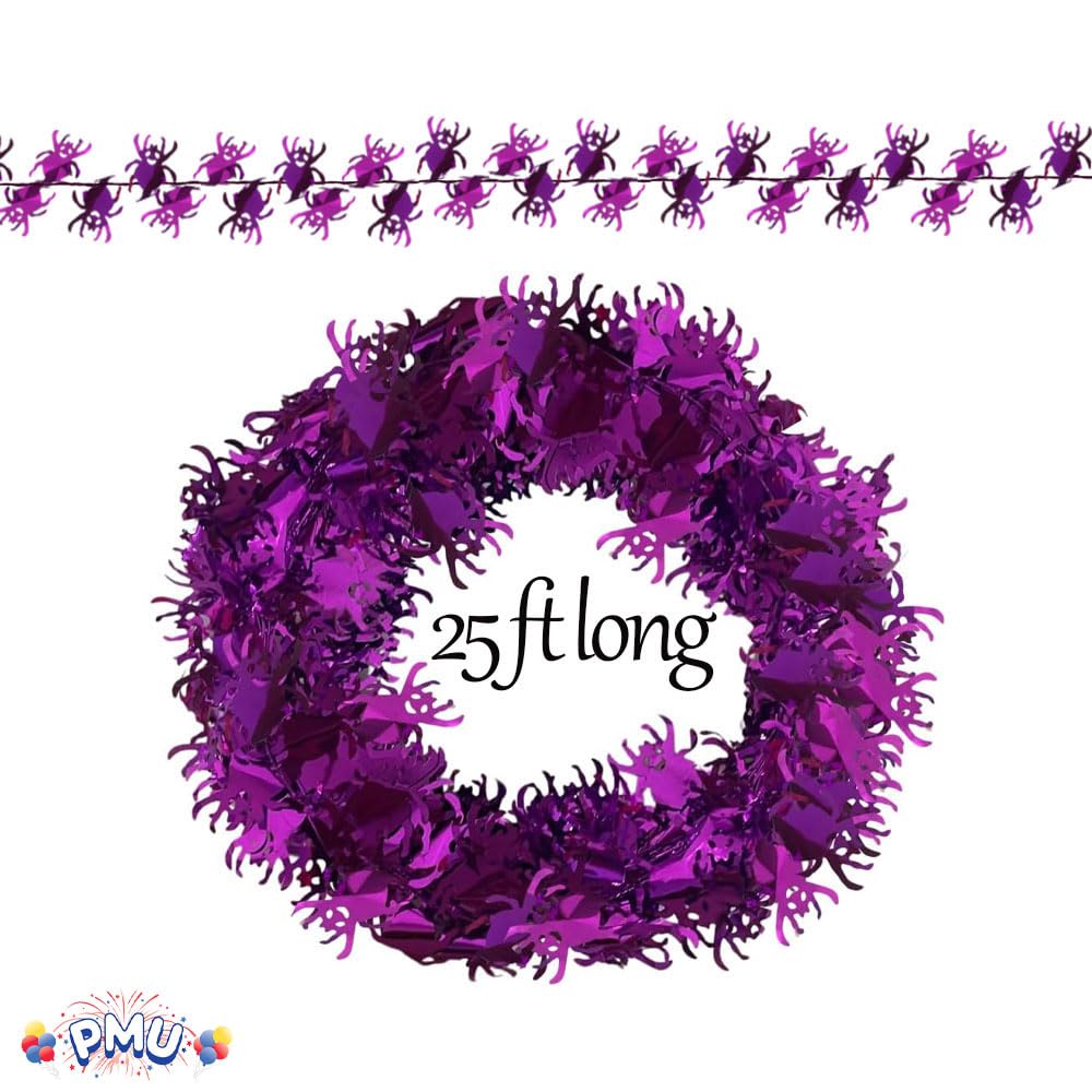PMU 75 Ft Purple Spider Garland – Shiny Tinsel Wire Garland for Halloween, Wedding & Birthday Party Decor, Holiday Garlands Ornament for Festive Home Decoration (3pc-25Ft Each)