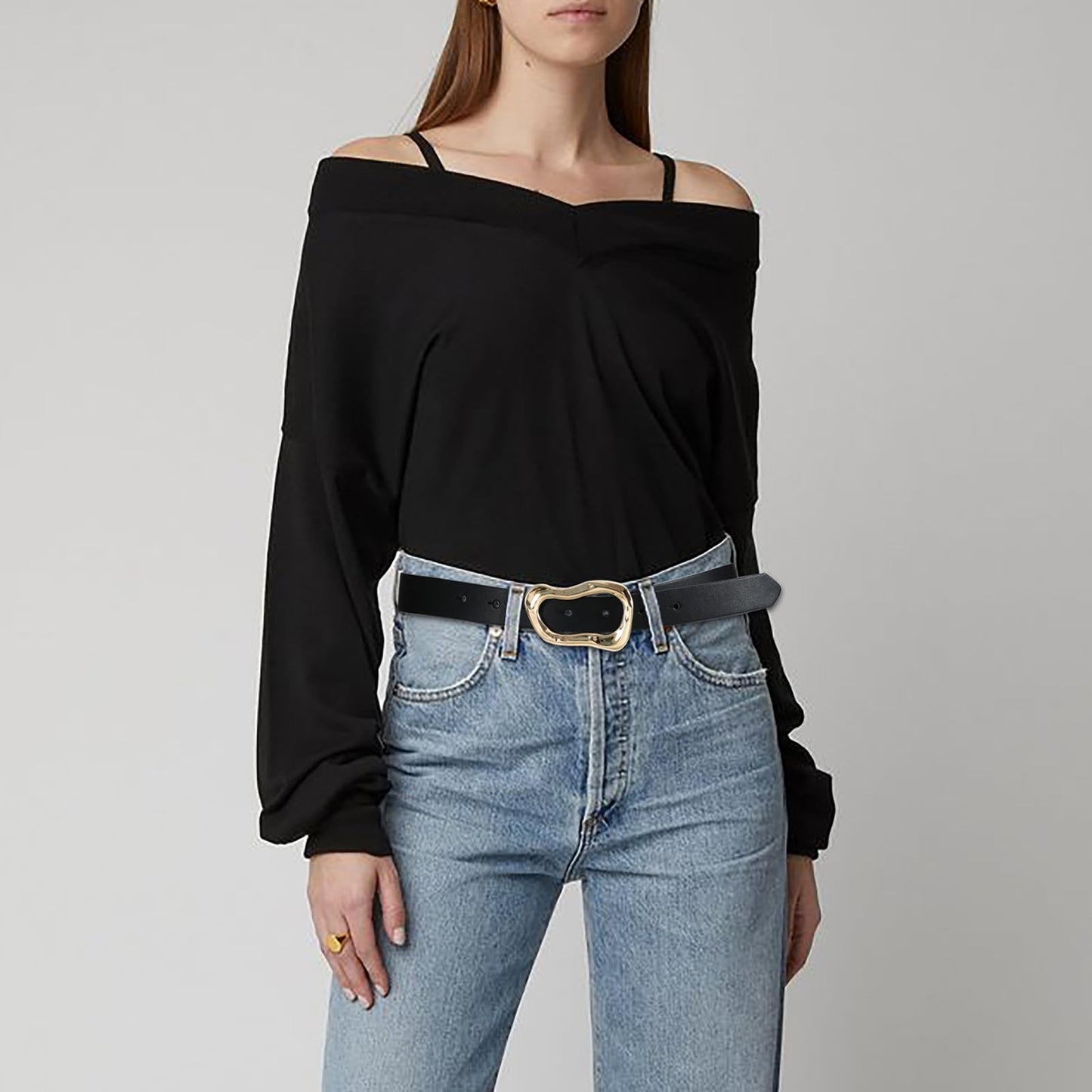 RISANTRY Black Belt for Women Stylish Gold Buckle Fashion Leather Waist Belt Perfect for Jeans and Dresses