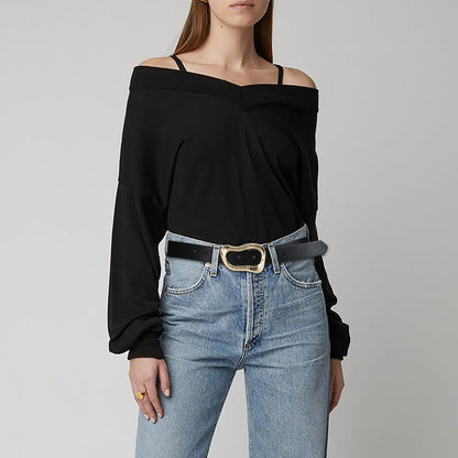 RISANTRY Black Belt for Women Stylish Gold Buckle Fashion Leather Waist Belt Perfect for Jeans and Dresses