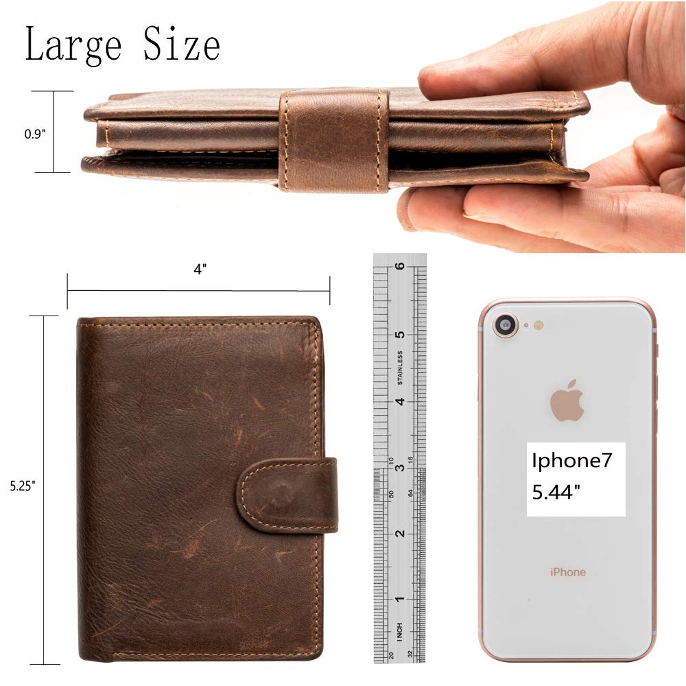 Plinvo Mens Large RFID Blocking Genuine Leather Wallet Trifold Card Holder with Snap Closure and 3 ID Windows (Coffee)