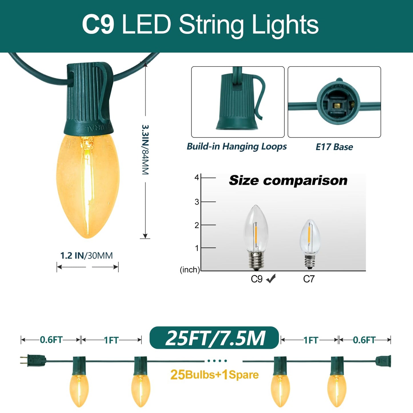 C9 Clear Christmas String Lights, 25FT 26 Bulbs Bright & Warm Outdoor Christmas Lights, Outdoor Indoor Xmas Roofline Backyard Garden Patio Home Holiday Decor, Waterproof Extendable Green Wire