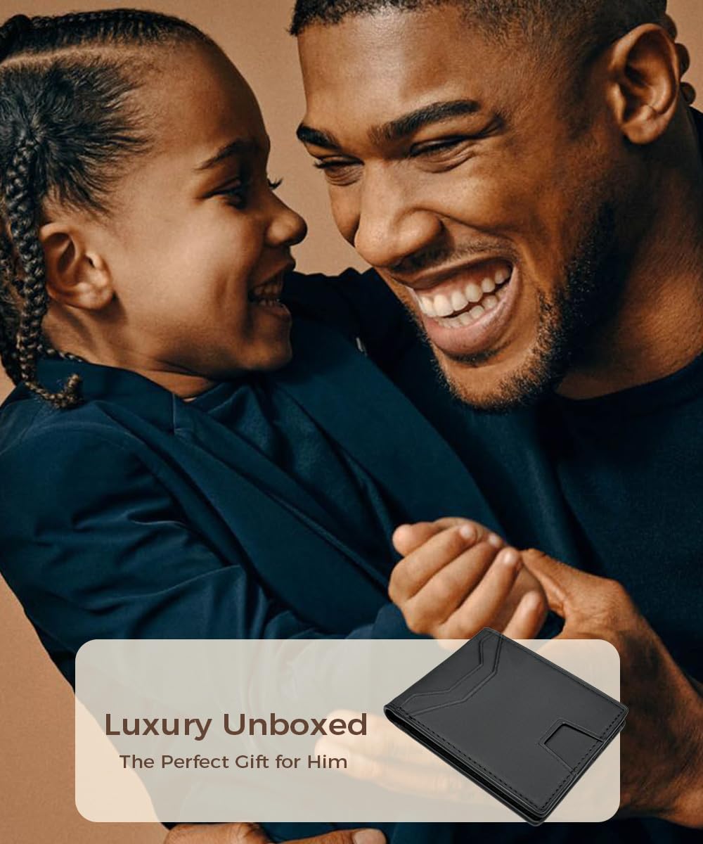 7worldlet Slim RFID Blocking Wallets for Men Synthra™ Ultra Leather Bifold Minimalist Wallet 11 Cord Holder Thin Mens Wallet with Gift Box (Black+Black)