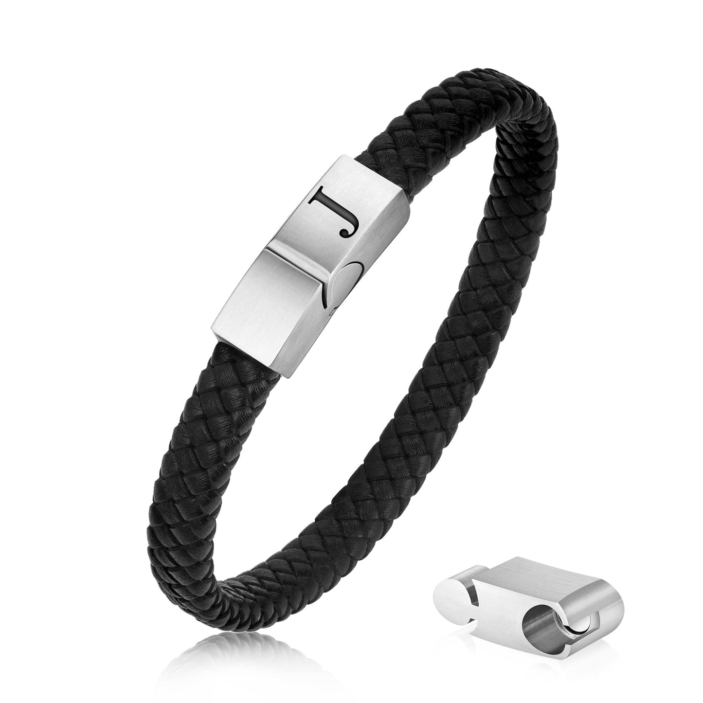 FOCOOG Leather Bracelet for Men - Black Leather Initial Bracelet with Magnetic Clasp