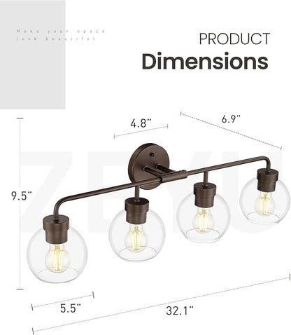 zeyu 32 Inch Oil Rubbed Bronze Vanity Light, 4-Light Bathroom Light Fixture, Vanity Lighting Fixtures with Clear Glass Globe Shade, ZS62BG-4W ORB