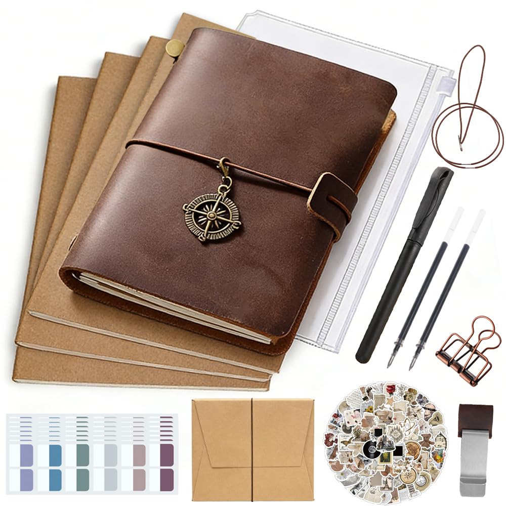 Leather Journal Refillable Notebook Travel Journal Notebook Travel Diary Handmade Passport Travelers Journal with ih 3 Notebook Inserts Pen Holder, Binder Clip for Men and Women Inserts Pen Holder, Binder Clip for Men and Women