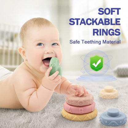 Jyusmile Baby Toys 6-12 Months, Montessori Toy for Babies 6-12 Months, Incl Stacking Building Blocks & Soft Infant Teething Toys & Sensory Balls for Toddlers 0-3-6-9-12 Month