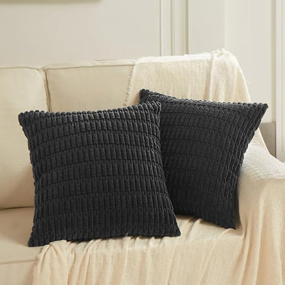 Fancy Homi Black Decorative Throw Pillow Covers 18x18 Inch for Living Room Couch Bed Sofa, Rustic Farmhouse Boho Home Decor, Soft Striped Corduroy Square Cushion Case 45x45 cm