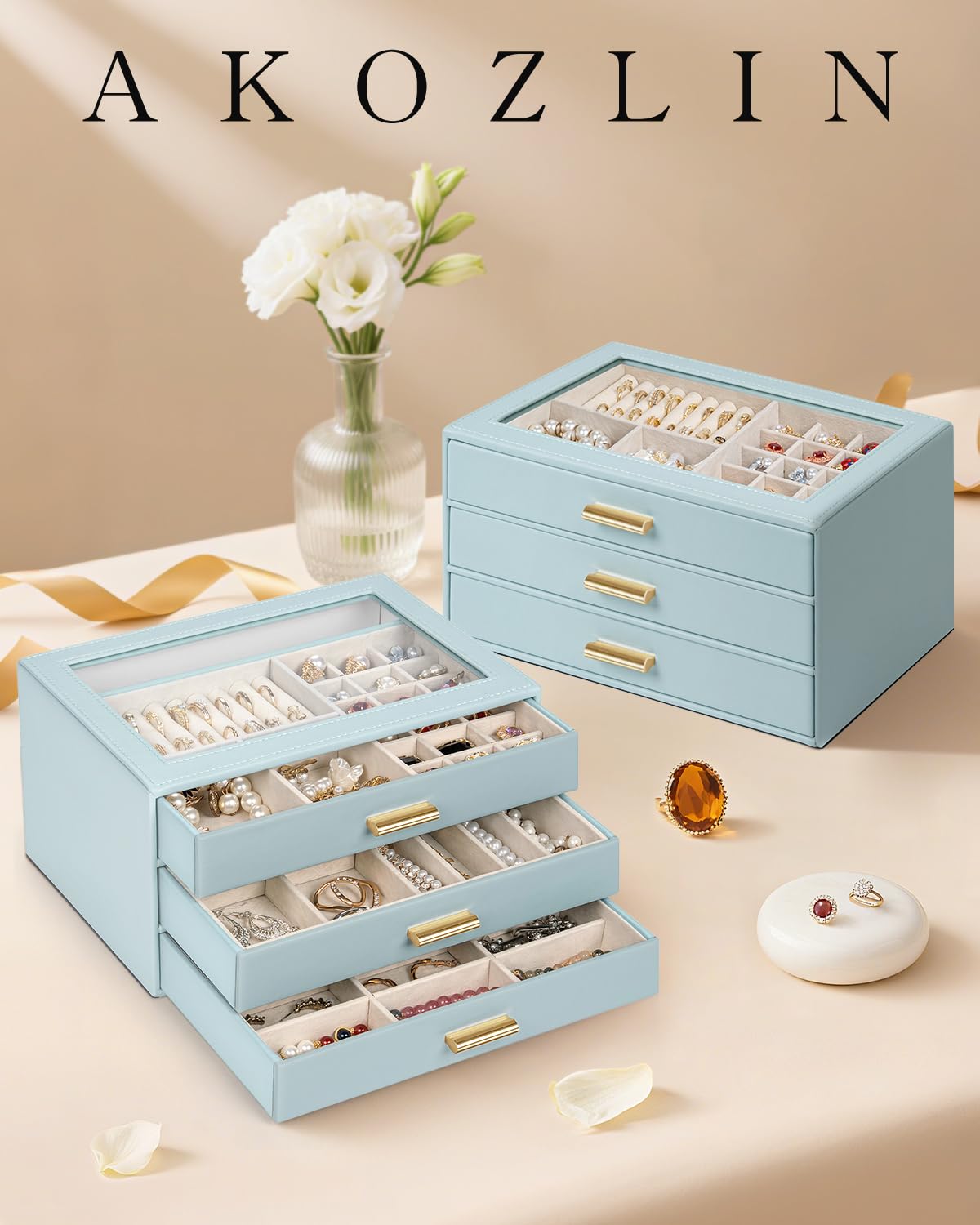 AKOZLIN Jewelry Box with Clear Lid Functional Leather Jewelry Storage Organizer Case 3 Drawers for Women Girls Necklace Ring Bracelet Earring