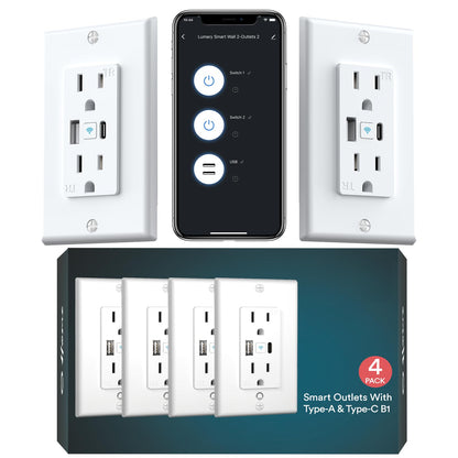 Lumary Smart USB Outlet with Type-C & USB-A Ports, WiFi in-Wall Outlet Compatible with Alexa & Google Home, Remote & Voice Control, Timer, FCC Certified, Tamper-Resistant, 4 Pack