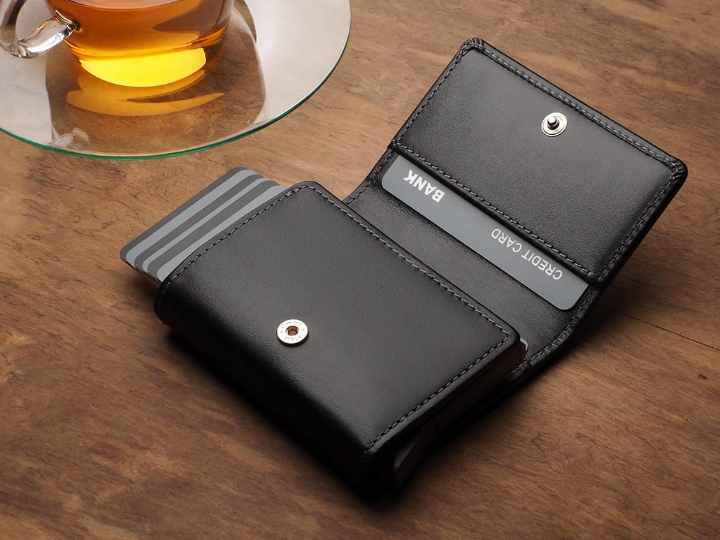 PULARYS Mini Wallet BOSTON - Multifunckion Credit Card Case - Italian Leather - RFID blocking - Size: 7.5 x 9.5 x 2.5 cm - Space for up to 10 Cards - Snap Fastener - Classic Design