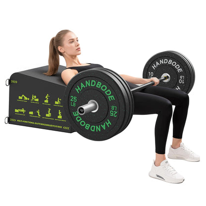Hip Thrust Bench, Multi-Functional Slip-Free Hip Thrust Machine for Glute Bridge, Box Jump, Push-Ups, Squat, Ab Exercise, Suitable for Home & Gym, Includes 100lb Weight Plates & 4.9ft Olympic Bar