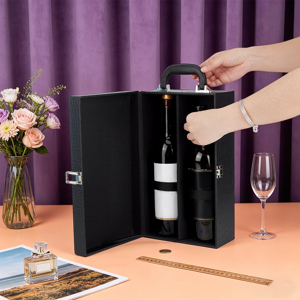 PH PandaHall Wine Gift Box, 2 Bottle Textured Leatherette Wine Carrier Case with Top Handle Bottle Storage Packaging Box for Business Gifts, Party Events, Travel, Holiday, 13.66x7.87x4.65inch, Black