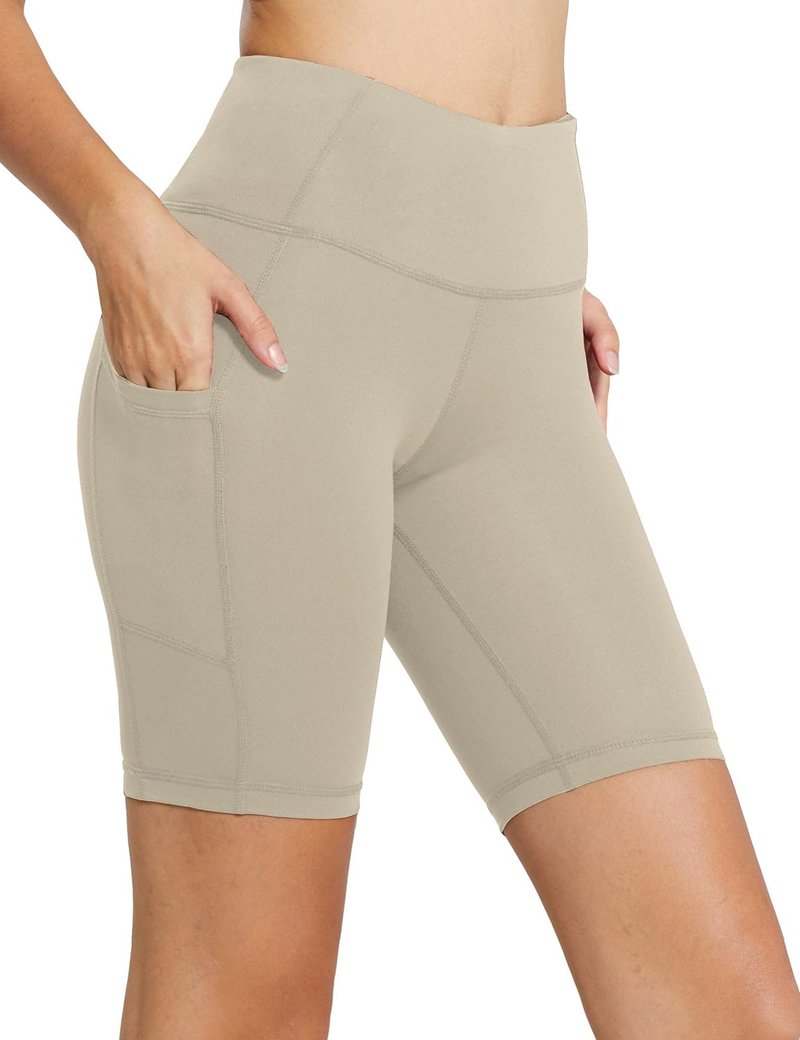 baleaf Biker Shorts Women Yoga Gym Workout Spandex Running Volleyball Tummy Control Compression with Pockets 8" Khaki XXXL