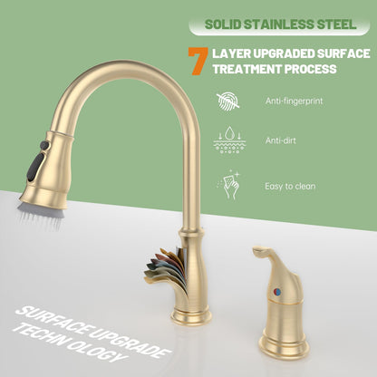 APPASO 3 Hole Kitchen Faucet with Pull Down Sprayer, Kitchen Faucets with Soap Dispenser, 3 Pieces Kitchen Sink Faucet with Separate Handle, Matte Black Kitchen Faucet 3 Hole, 218MB