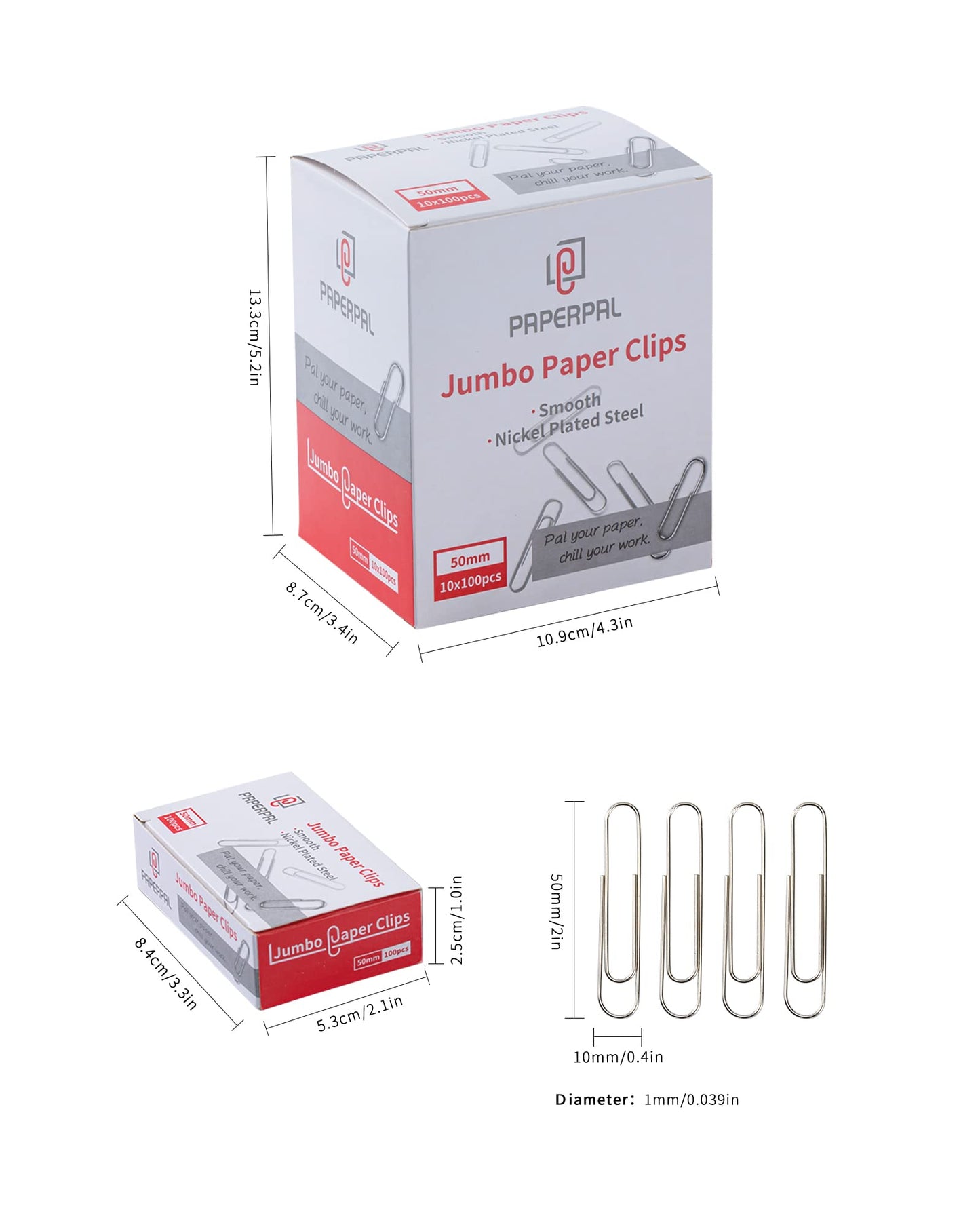 PAPERPAL Paperclips for Office School & Personal Use, Jumbo Smooth Paper Clip (2"), 1000 Large Paper Clips (10 Boxes of 100 Each), Silver