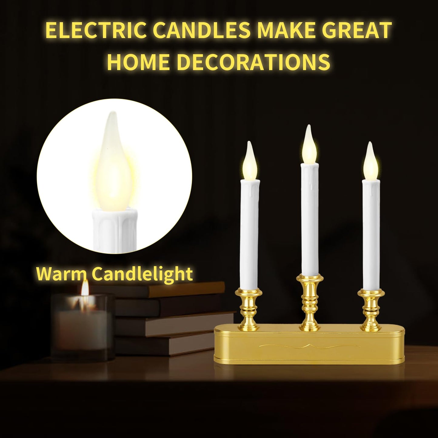 FGDECORJOIE Delicate Battery Operated Flicker Flame Gold Antique 3 Tier LED Window Candelabra 11.5 Inch Hight with Automtically Timer 8 Hours On/16 Hours Off