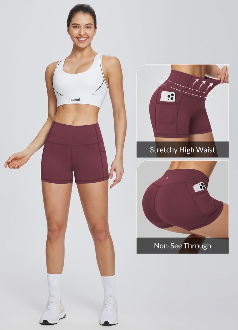 baleaf Gym Shorts Women 3" Biker Workout Yoga Spandex Running Volleyball Tummy Control Compression with Pockets Wine Red L