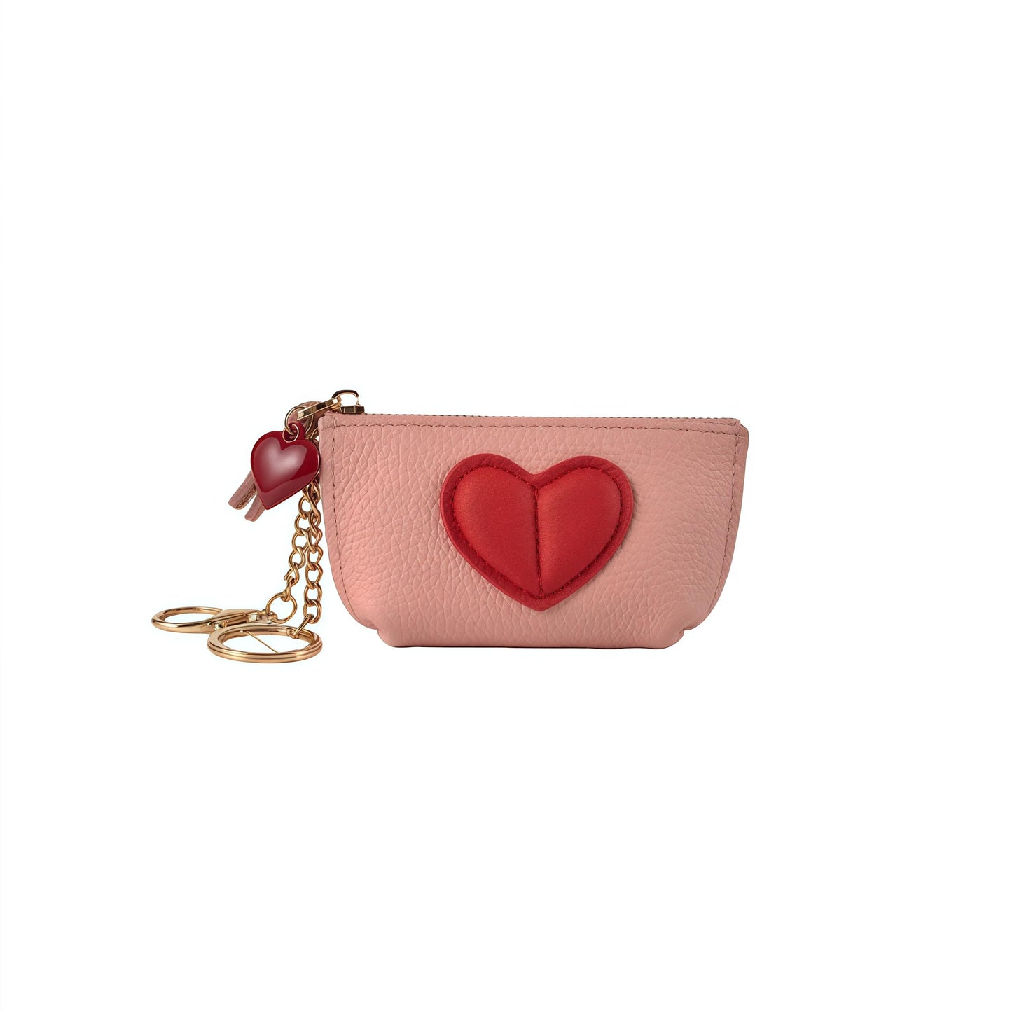 Red Heart Design Small Coin Purse - Cute Compact Keychain Change Purse Soft Leather Wallet with Zipper for Women (Pink)