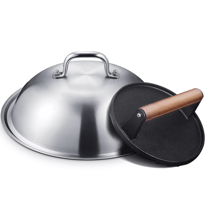 homenote Griddle Accessories for Blackstone, Commercial Grade 12 Inch Heavy Duty Melting Dome with Round Cast Iron Smash Burger Press Perfect for Flat Top Hibachi Grill Outdoor Indoor