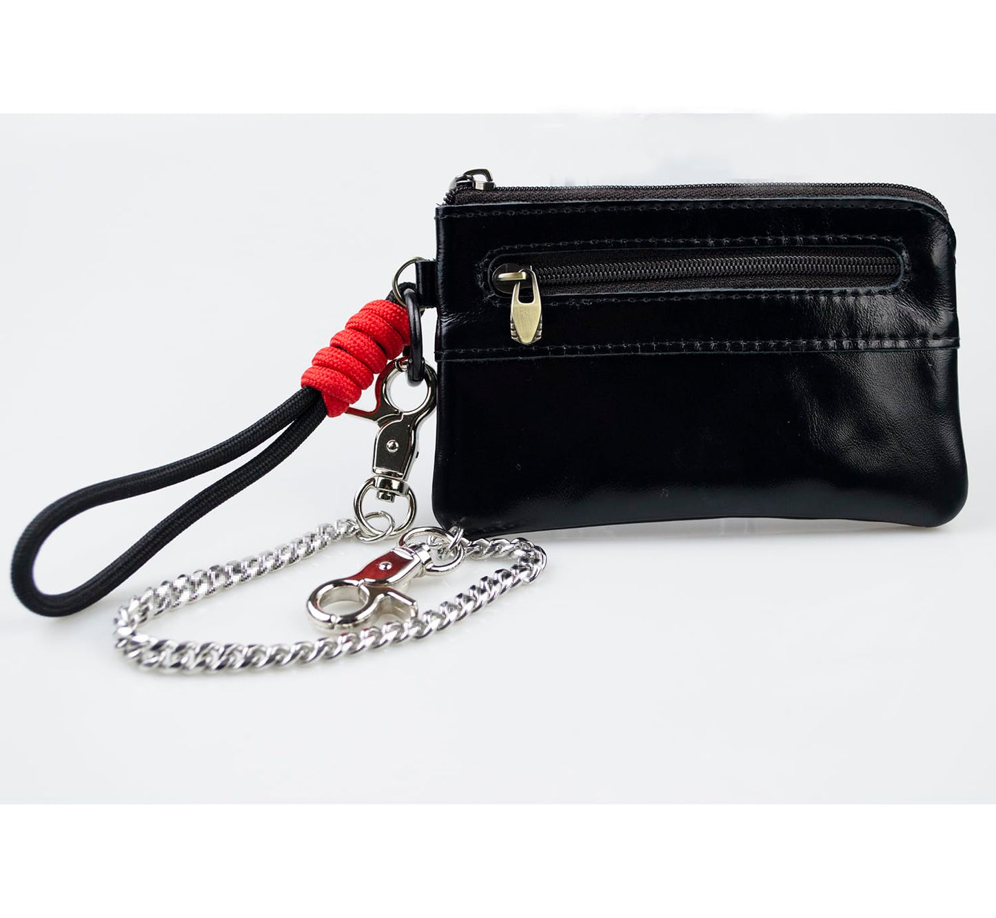 Genuine Leather Coin Purse with Removeable Wallet Chain & Wristlet - 2-Zipper Pocket Keychain Wallet, Small Black Change Purse and Card Holder for Men & Women