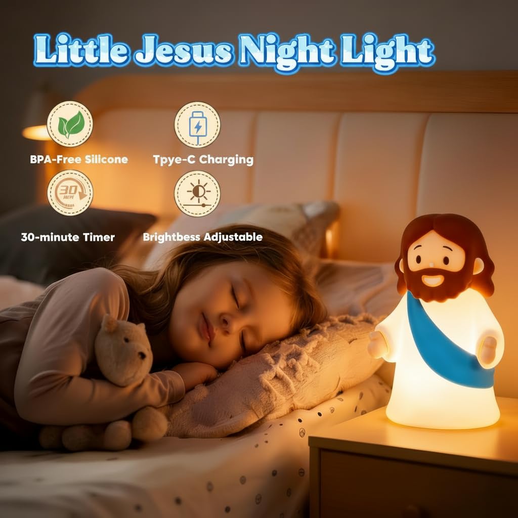 magical JD Little Jesus Night Light, Mini Silicone Jesus Lamp, Dimmable Rechargeable Touch Bedside Lamp for Nursery & Kids, Ideal Religious Gift for Christmas, Easter and Baptism (Blue)