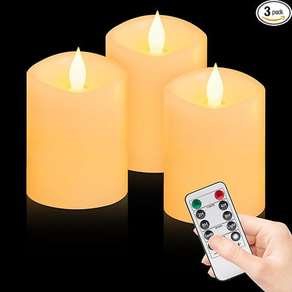 3x4 inch Flameless Candles: Realistic Flameless LED, Battery-Powered Pillar Candles with Remote & Timer, Fake Candles for Fall Decor, (Ivory, 3"*4"-3pcs)