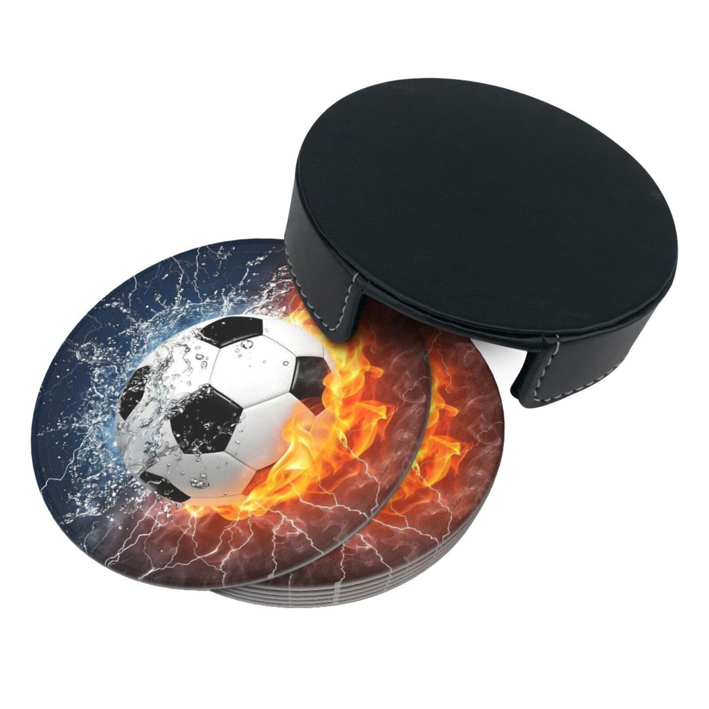 BOXIMIAO Drink Coasters with Holder Stand Set of 6, Soccer Fire Water Pu Leather Absorbent Coasters with Cork Base Table Coaster Round Coasters for Housewarming Apartment Kitchen Bar Decor