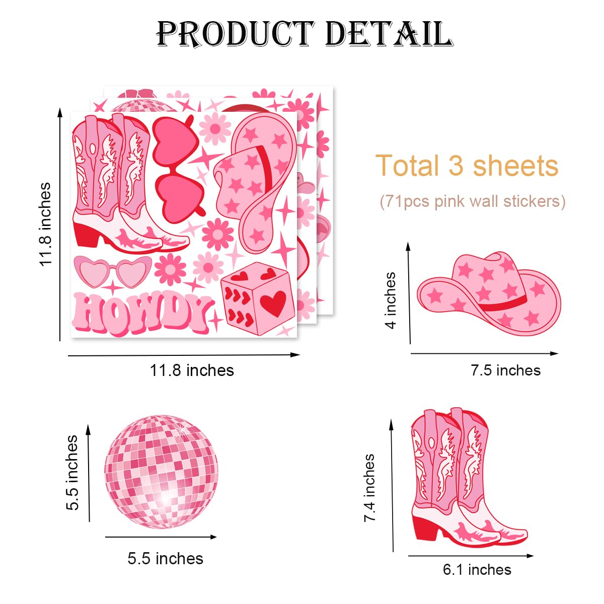 YIMEHDAN Pink Cowgirl Wall Decal, Boots Horseshoe Iron Hat Disco Ball Vinyl Wall Stickers, Removable Preppy Western Girls Artwork for Teen Bedroom Dormitory Decor