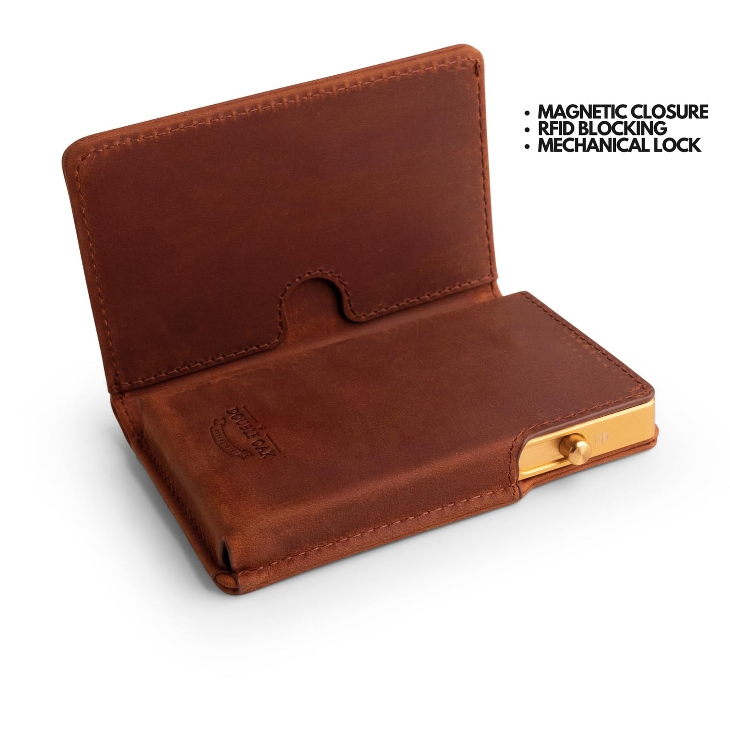 Double Oak Essentials Pop-Up Cardholder - RFID Blocking Minimalist Leather Wallet for Men - Slim Design, Top-Grain Leather, Holds Cards & Cash (Brown w/Gold Cardholder)