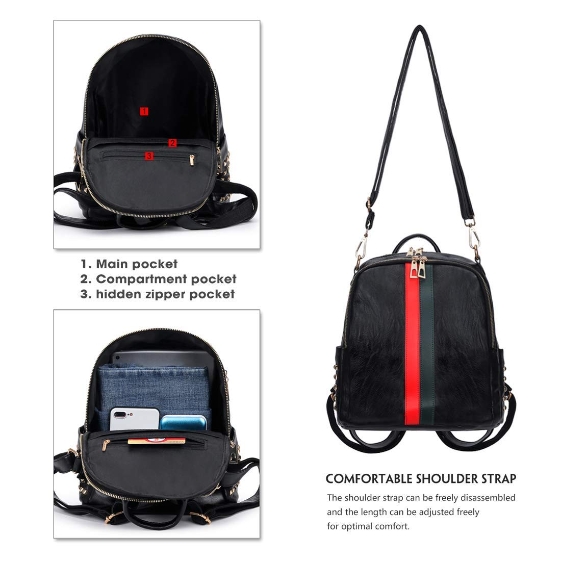 Lowille Backpack Purse For Women Mini PU Leather Rucksack Fashion Small Daypack Travel Shoulder Bag Tote Handbag (Big Black)