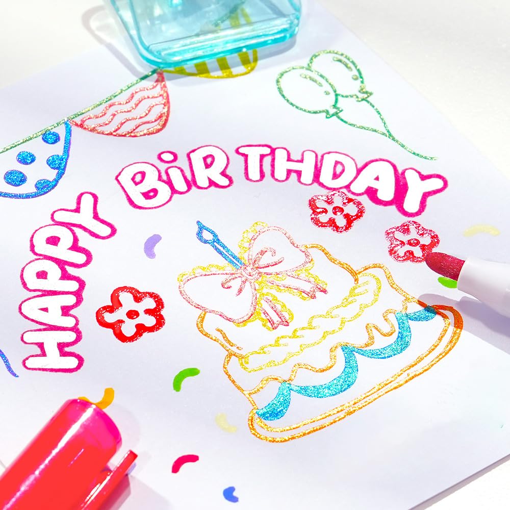 Marker Pen for Highlight, Outline Shimmer Markers Double Line Self-Outline Metallic Glitter Pens Super Squiggles Glitter Marker Set for Card Scrapbook Craft Arts Supplies(12)