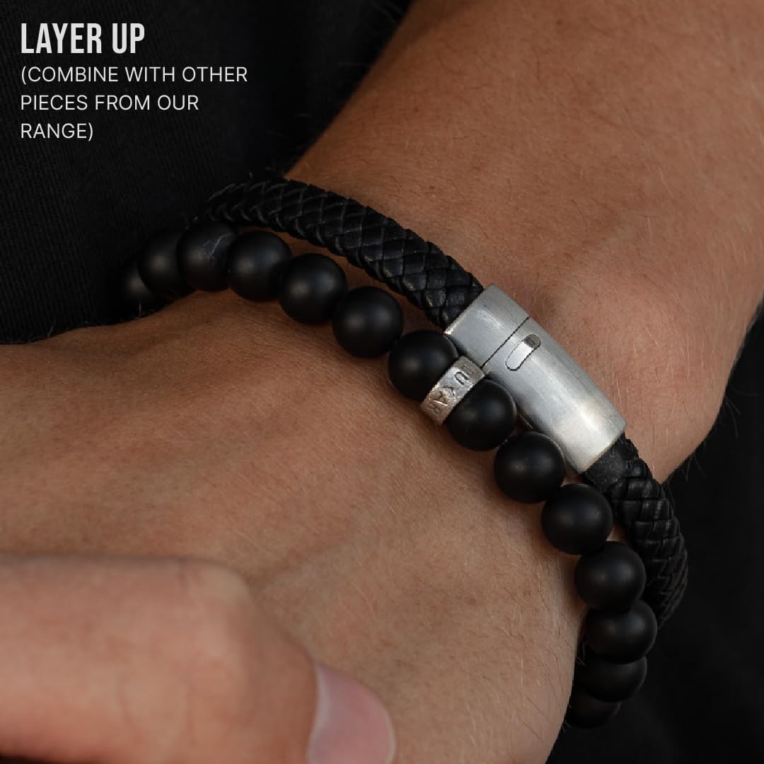 LUXAR Men’s Genuine Leather Bracelet | Interwoven Black Leather Bracelets with Brush Stainless Steel Clasp | Minimalist, Designer Jewelry for Men (Silver, Medium)