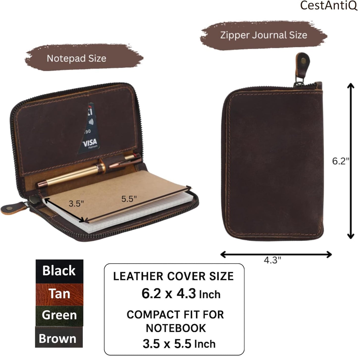 CestAntiQ Zippered Leather Journal Cover Compatible with Moleskine Cahier TWONE Original Kraft Elan Pitch Black Pocket Size 3.5 x 5.5 for Field Notes Notebook Memo Books with Pen Holder Handmade (Tan)