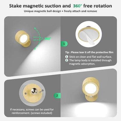 Lightbiz LED Wall Sconces, Wall Mounted Lamp 3 Pcs with Remote Rechargeable Battery Operated, 3 Color Temperatures & Dimmable Wall Lights Magnetic 360° Rotation Light