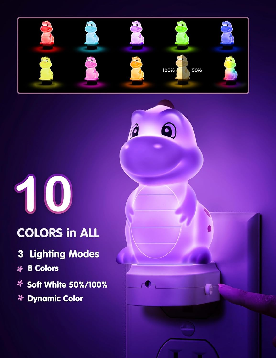 L LOHAS LED Plug in Night Light for Kids,2-Pack 3D Cute Dinosaur Night Lights with Dusk to Dawn Sensor, RGB+Soft White 3000K Dinosaur Night Light,Christmas Birthday Gift Nightlight for Kids,Room Decor