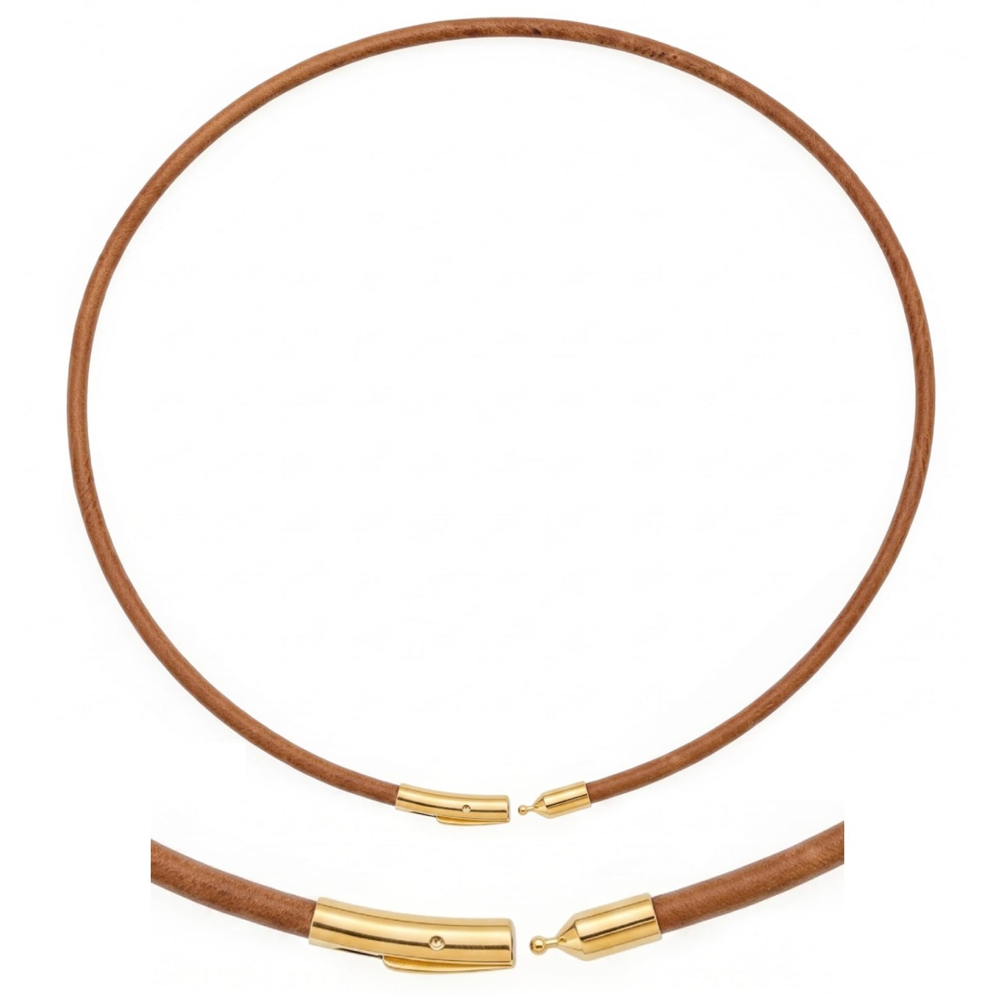 Leporem 2-WAY Genuine Brown Leather Cord Choker Necklace and Wrap Bracelet 18K Gold Plated Push-Lock Clasp Multi-Wear Jewelry (Brown, 14 Inch)