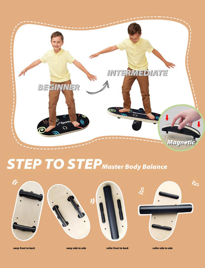 Sportneer Balance Board Kids Wooden Wobble Board for Kids, Safe and Sturdy Balance Trainer, Kids Balance Board for 3-5 6-12 (With Semi-circular Wobble Blocks)