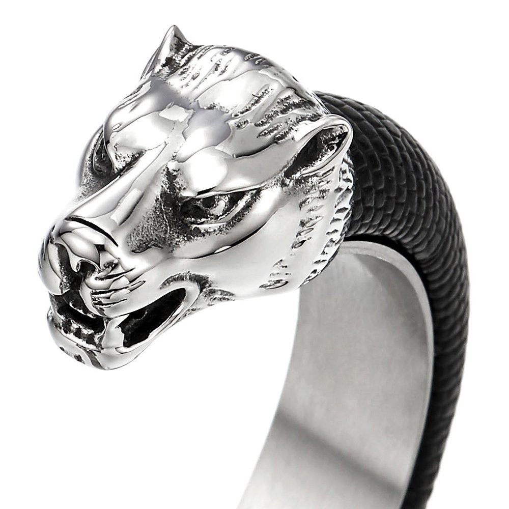 COOLSTEELANDBEYOND Mens Steel Wolf Head Open Cuff Bangle Bracelet Inlaid with Black Leather Elastic Adjustable
